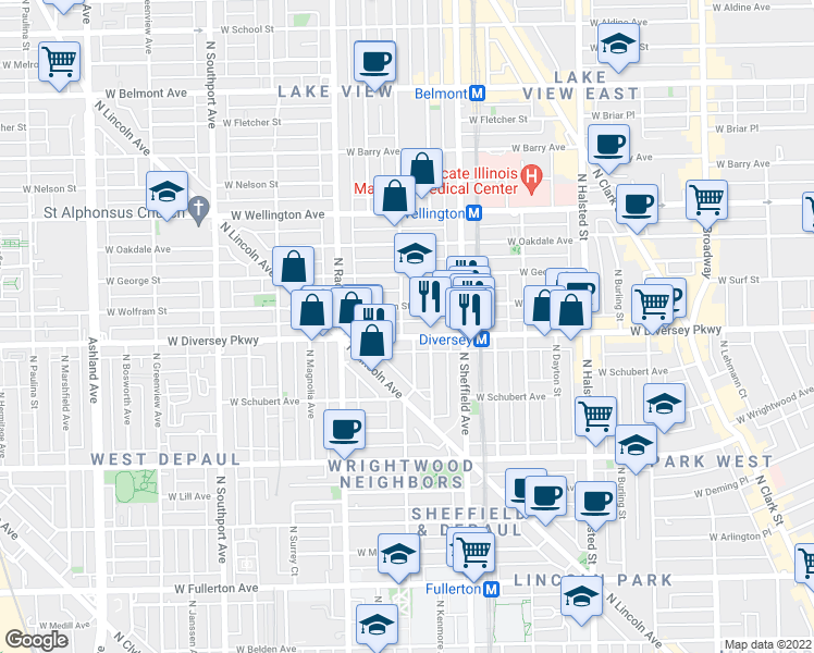 map of restaurants, bars, coffee shops, grocery stores, and more near 1055 West Diversey Parkway in Chicago
