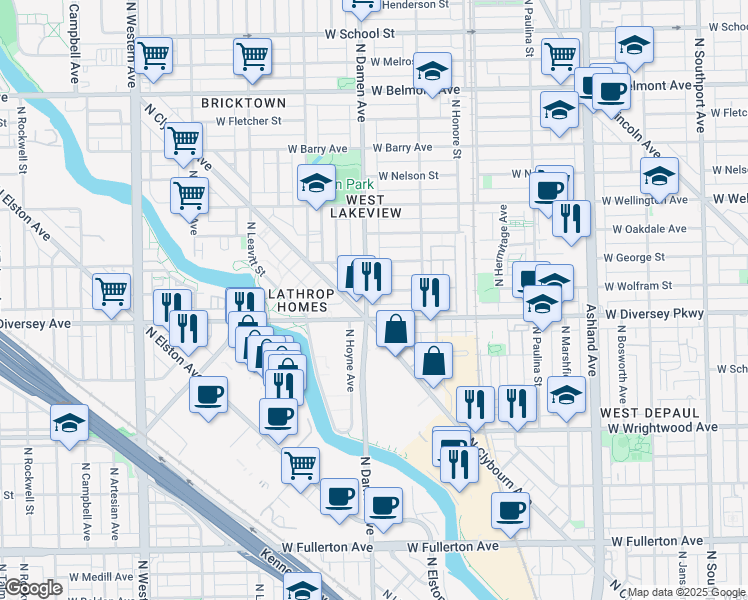 map of restaurants, bars, coffee shops, grocery stores, and more near in Chicago