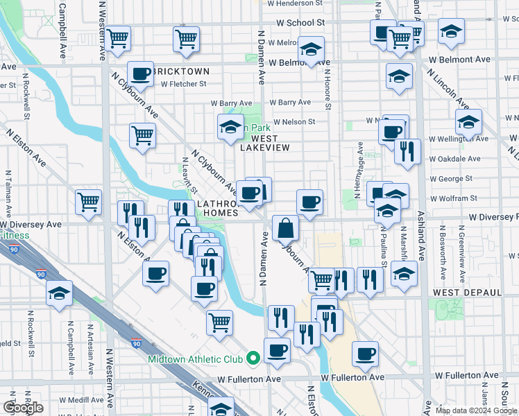 map of restaurants, bars, coffee shops, grocery stores, and more near in Chicago