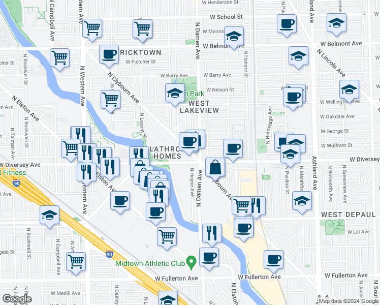map of restaurants, bars, coffee shops, grocery stores, and more near 2034 West Diversey Parkway in Chicago