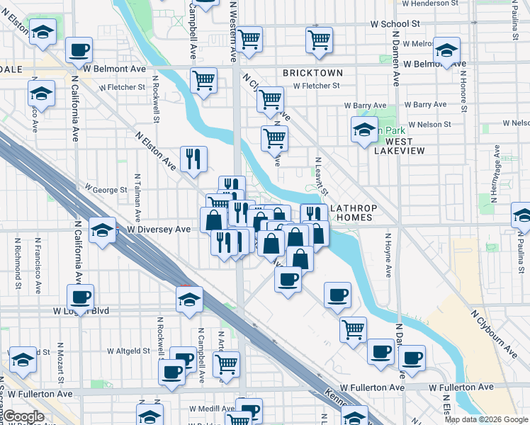 map of restaurants, bars, coffee shops, grocery stores, and more near 2336 West Diversey Avenue in Chicago