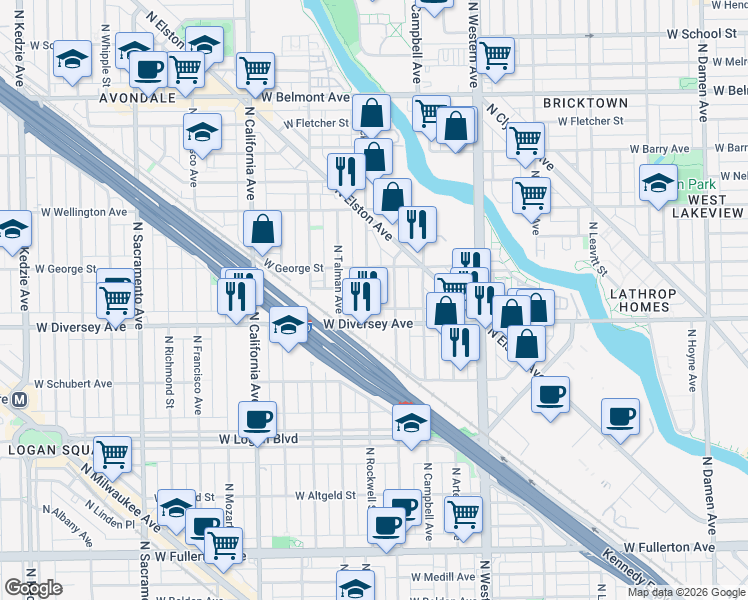 map of restaurants, bars, coffee shops, grocery stores, and more near 2602 West Diversey Avenue in Chicago