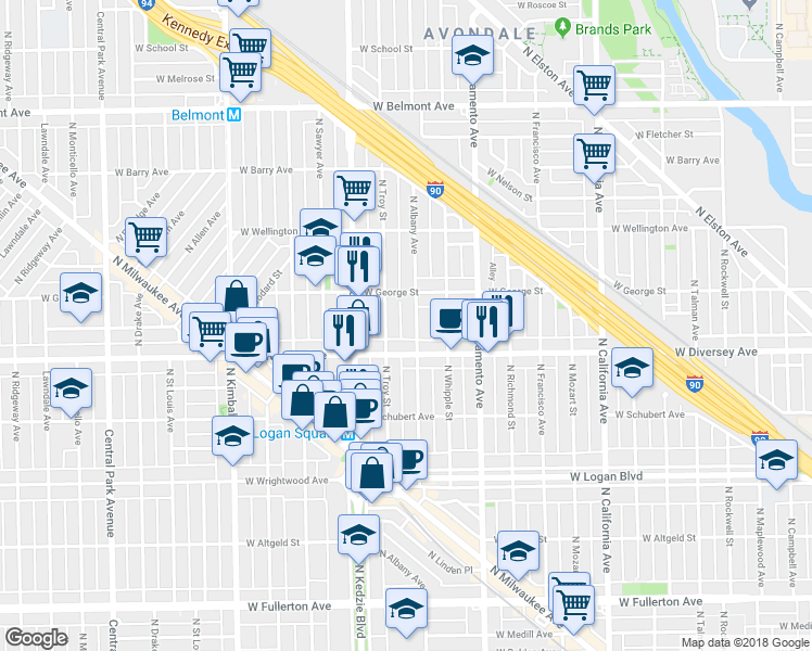 map of restaurants, bars, coffee shops, grocery stores, and more near 2816 North Albany Avenue in Chicago