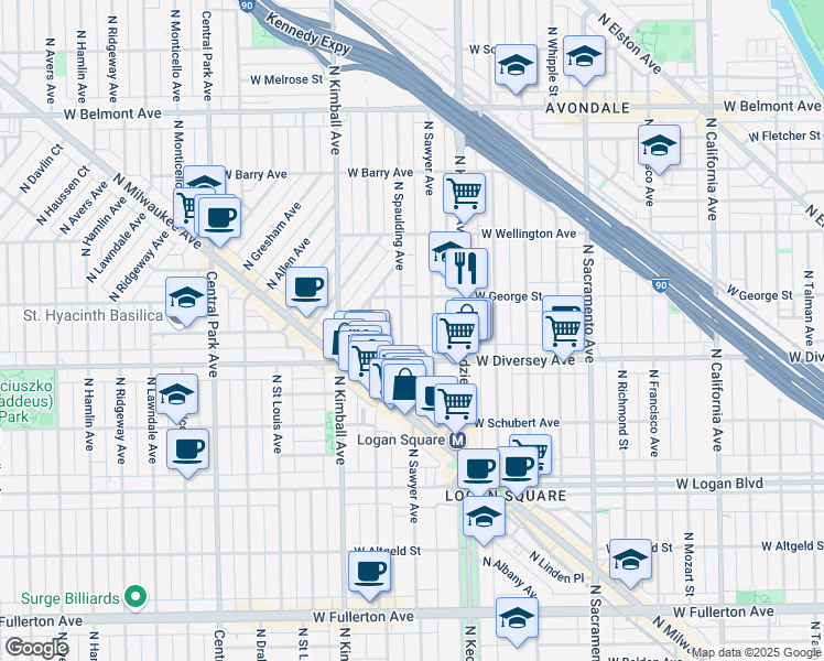 map of restaurants, bars, coffee shops, grocery stores, and more near 2815 North Spaulding Avenue in Chicago