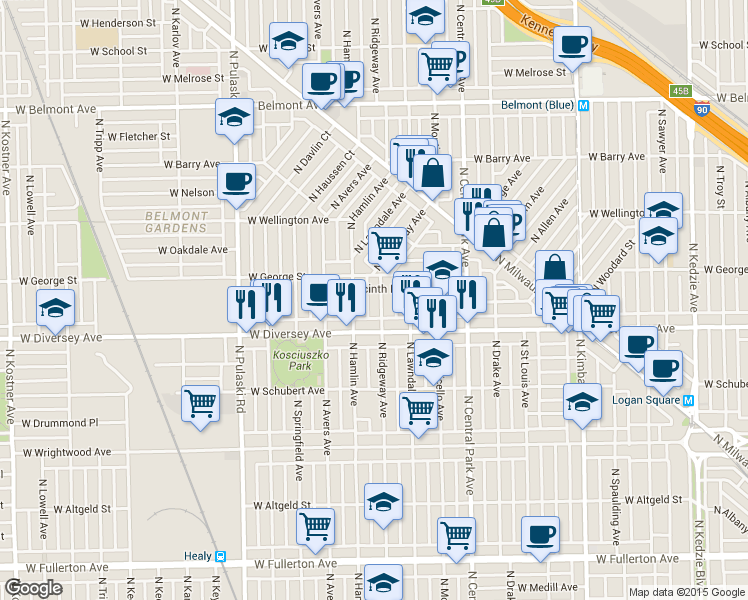 map of restaurants, bars, coffee shops, grocery stores, and more near 2823 North Hamlin Avenue in Chicago