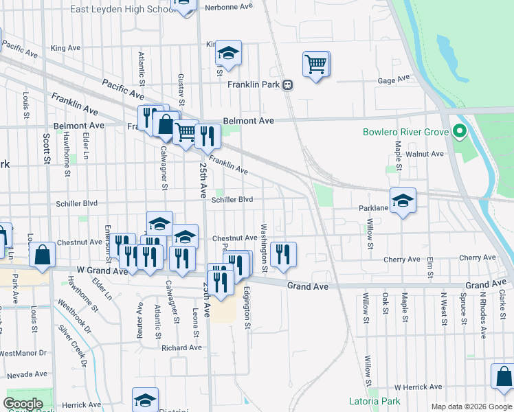 map of restaurants, bars, coffee shops, grocery stores, and more near 2931 Edgington Street in Franklin Park