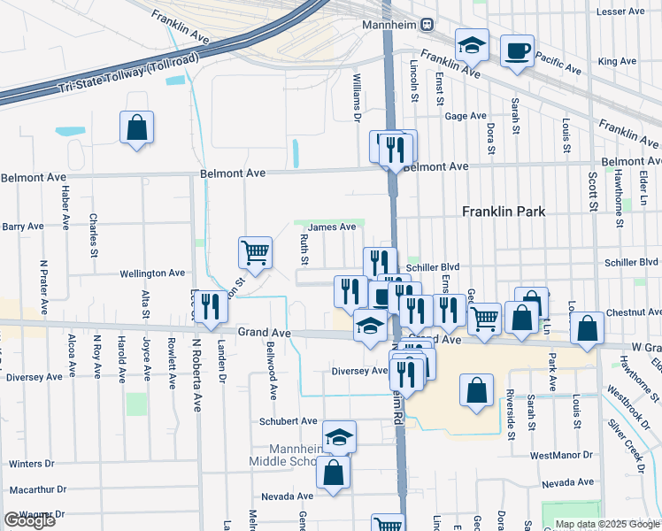map of restaurants, bars, coffee shops, grocery stores, and more near 10518 Crown Road in Franklin Park