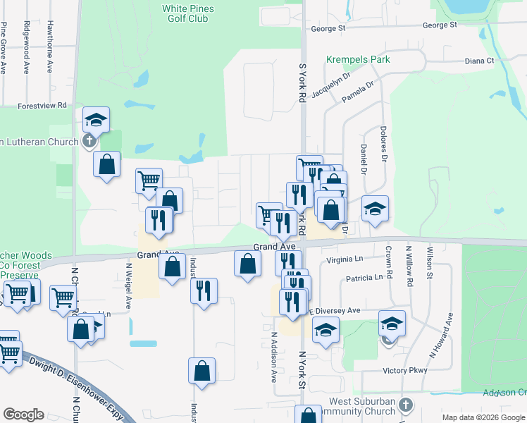 map of restaurants, bars, coffee shops, grocery stores, and more near 1072 Center Street in Bensenville