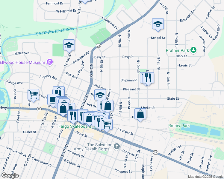 map of restaurants, bars, coffee shops, grocery stores, and more near 612 Fisk Avenue in DeKalb