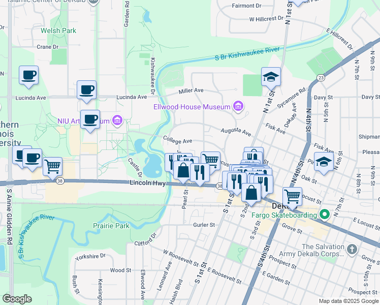 map of restaurants, bars, coffee shops, grocery stores, and more near 402 West Locust Street in DeKalb