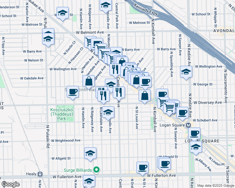 map of restaurants, bars, coffee shops, grocery stores, and more near 3608 West Wolfram Street in Chicago