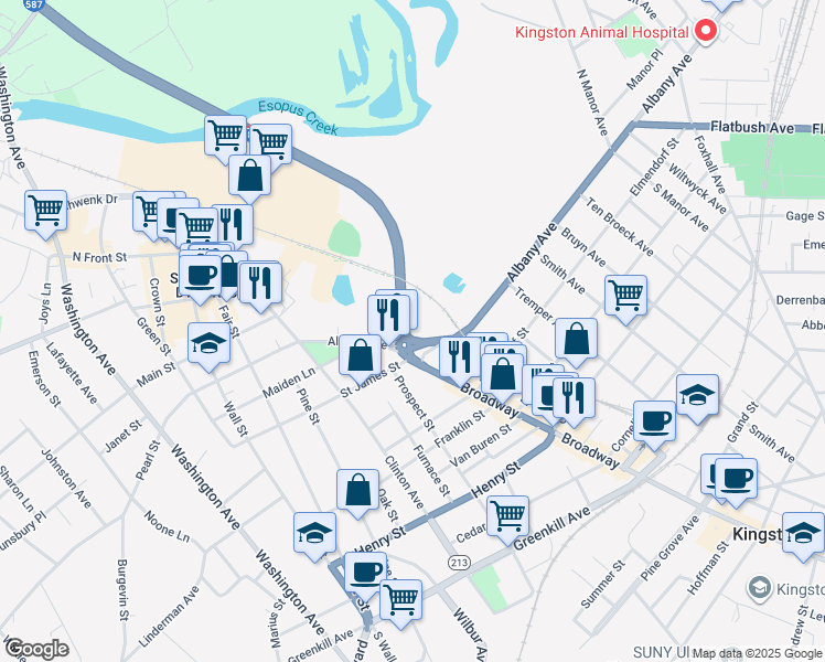 map of restaurants, bars, coffee shops, grocery stores, and more near 103 Albany Avenue in Kingston