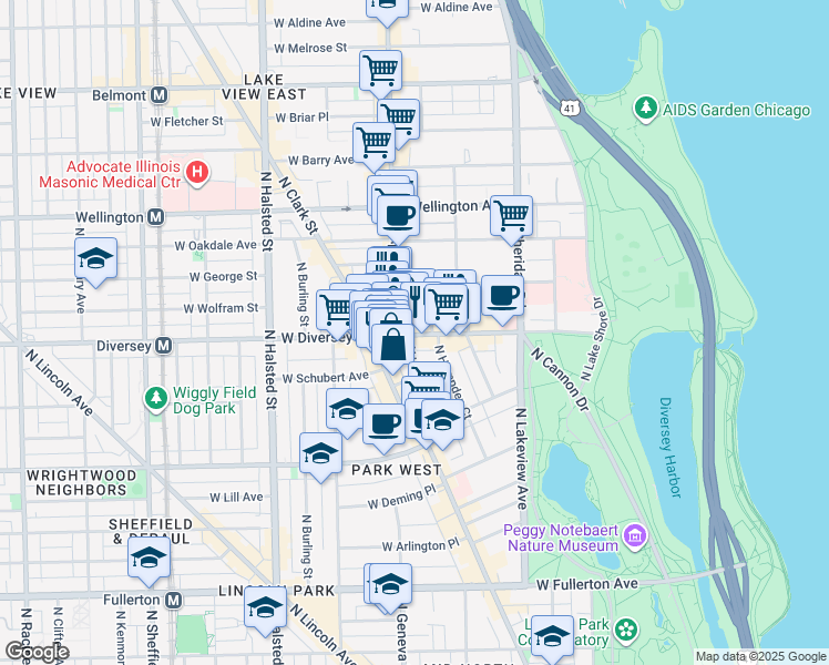 map of restaurants, bars, coffee shops, grocery stores, and more near 550 West Diversey Parkway in Chicago