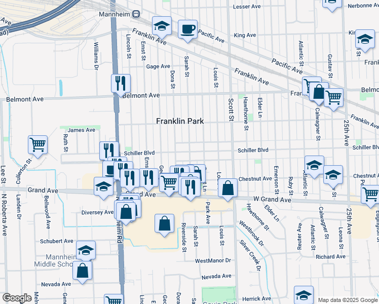 map of restaurants, bars, coffee shops, grocery stores, and more near 10128 Schiller Boulevard in Franklin Park