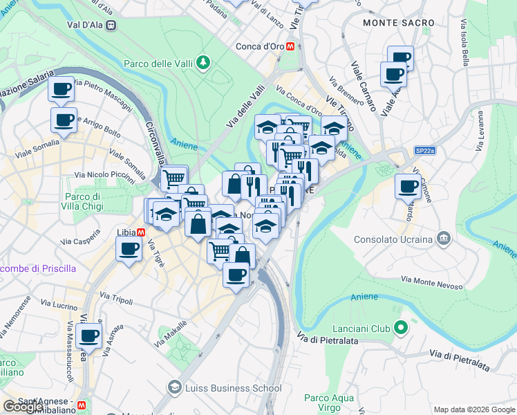 map of restaurants, bars, coffee shops, grocery stores, and more near 11 Via Valsugana in Rome