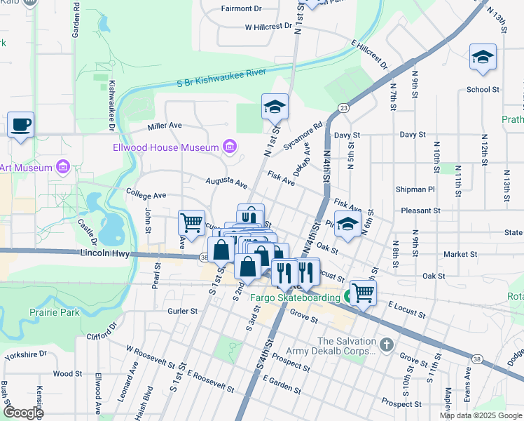 map of restaurants, bars, coffee shops, grocery stores, and more near 311 North 2nd Street in DeKalb