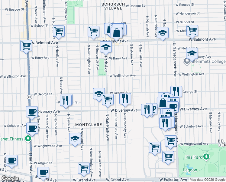 map of restaurants, bars, coffee shops, grocery stores, and more near 2855 North Oak Park Avenue in Chicago