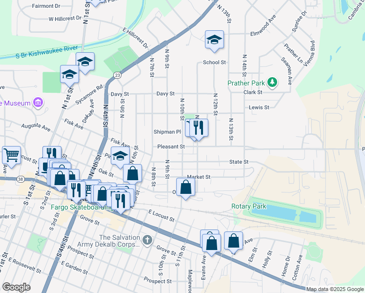 map of restaurants, bars, coffee shops, grocery stores, and more near 1001 Pleasant Street in DeKalb