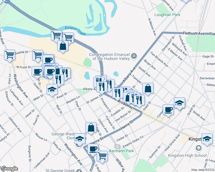 map of restaurants, bars, coffee shops, grocery stores, and more near 109 Albany Avenue in Kingston