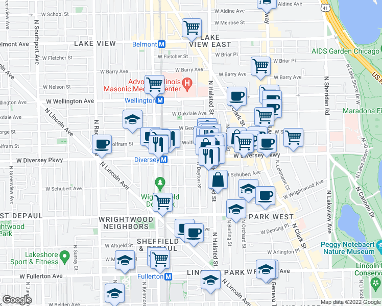 map of restaurants, bars, coffee shops, grocery stores, and more near 851 West Diversey Parkway in Chicago