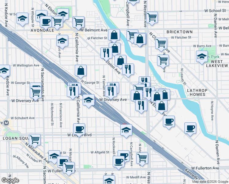 map of restaurants, bars, coffee shops, grocery stores, and more near 2602 West Diversey Avenue in Chicago