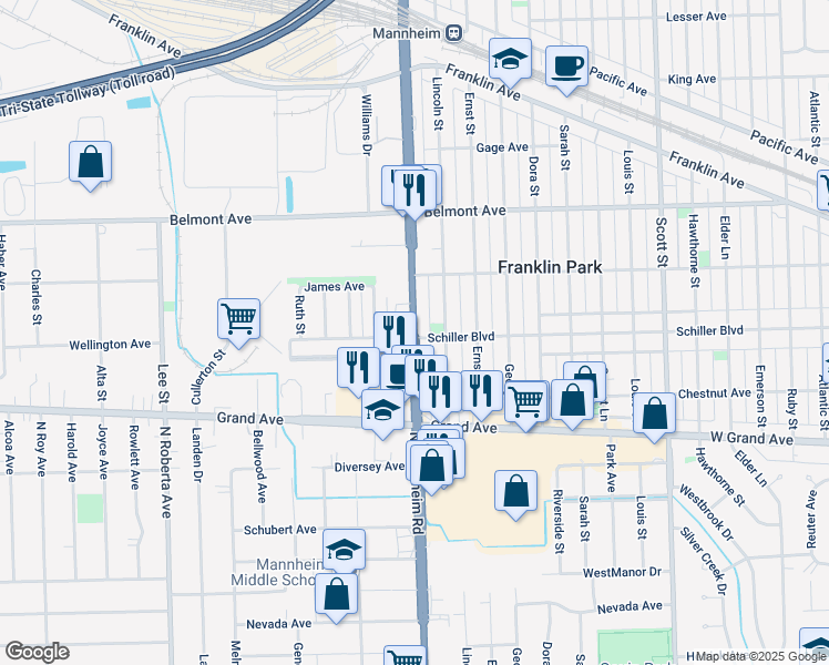 map of restaurants, bars, coffee shops, grocery stores, and more near 3001 North Mannheim Road in Franklin Park