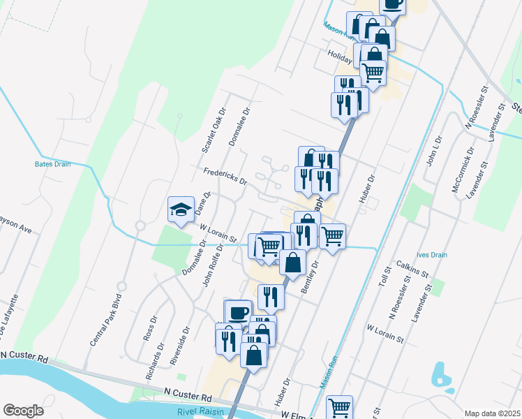 map of restaurants, bars, coffee shops, grocery stores, and more near 1646 West Lorain Street in Monroe
