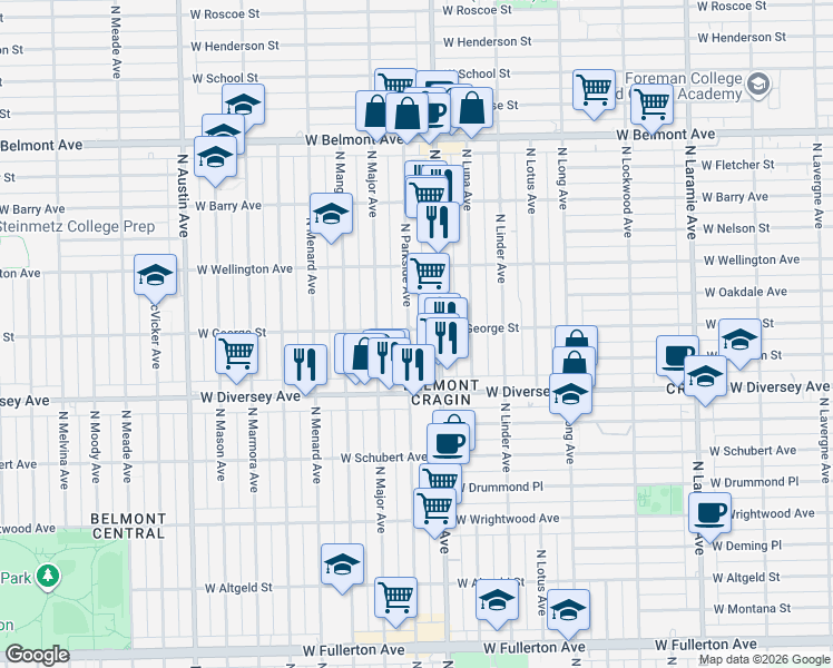 map of restaurants, bars, coffee shops, grocery stores, and more near 2840 North Central Avenue in Chicago