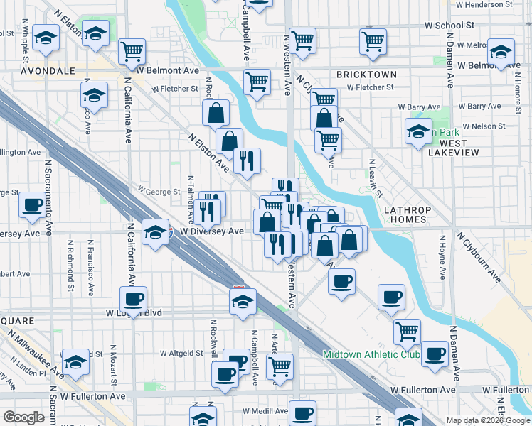 map of restaurants, bars, coffee shops, grocery stores, and more near 2450 West Diversey Avenue in Chicago