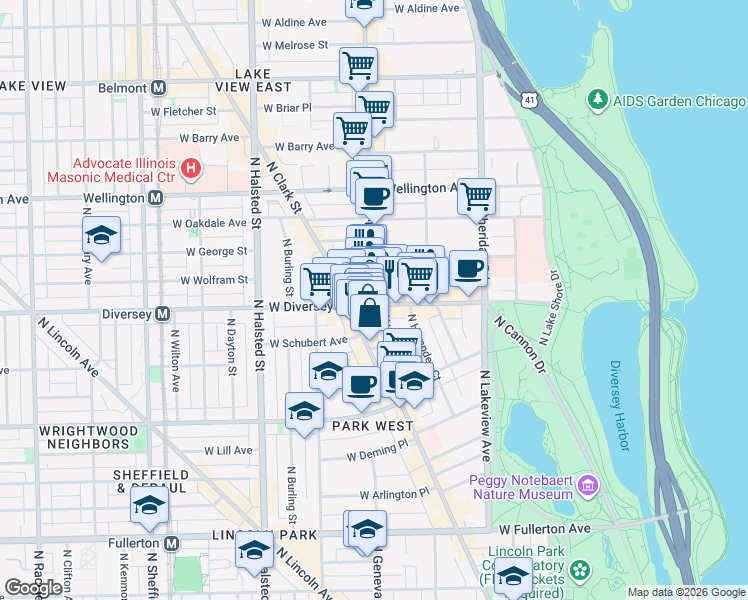 map of restaurants, bars, coffee shops, grocery stores, and more near 600 West Diversey Parkway in Chicago