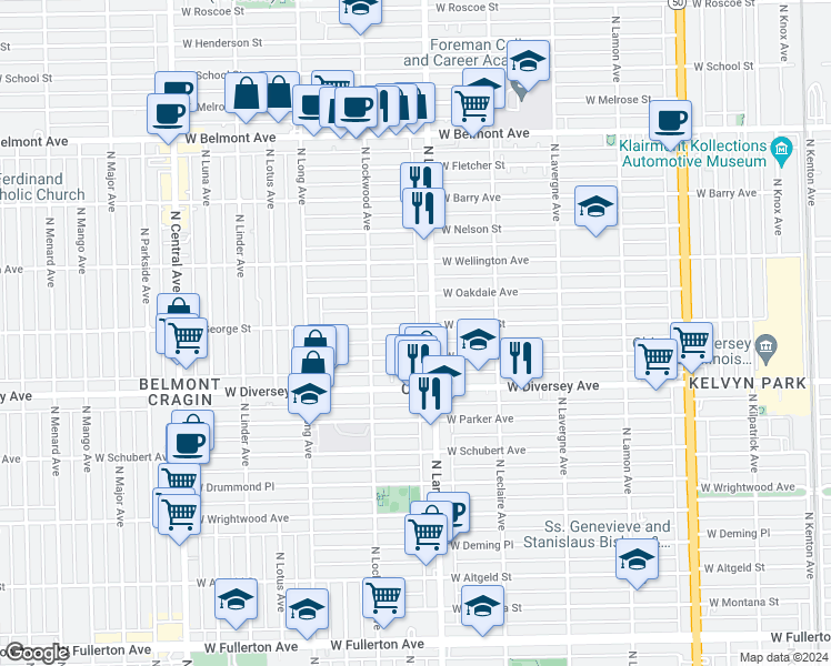 map of restaurants, bars, coffee shops, grocery stores, and more near 5215 West George Street in Chicago