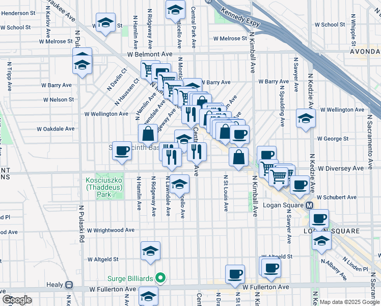 map of restaurants, bars, coffee shops, grocery stores, and more near 3608 West Wolfram Street in Chicago