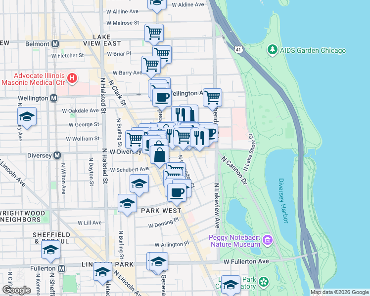 map of restaurants, bars, coffee shops, grocery stores, and more near 521 West Diversey Parkway in Chicago