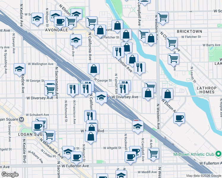 map of restaurants, bars, coffee shops, grocery stores, and more near 2834 North Talman Avenue in Chicago