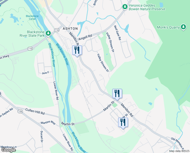 map of restaurants, bars, coffee shops, grocery stores, and more near 1238 Mendon Road in Cumberland