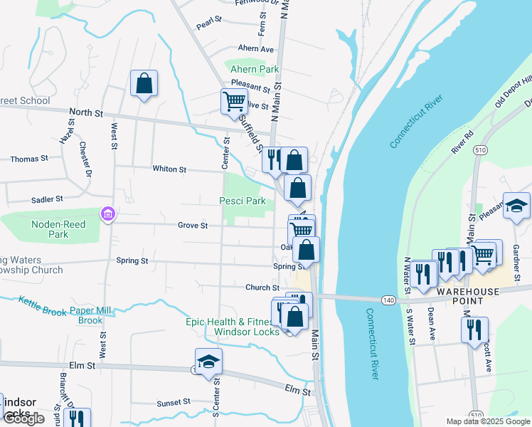 map of restaurants, bars, coffee shops, grocery stores, and more near 32 Chestnut Street in Windsor Locks
