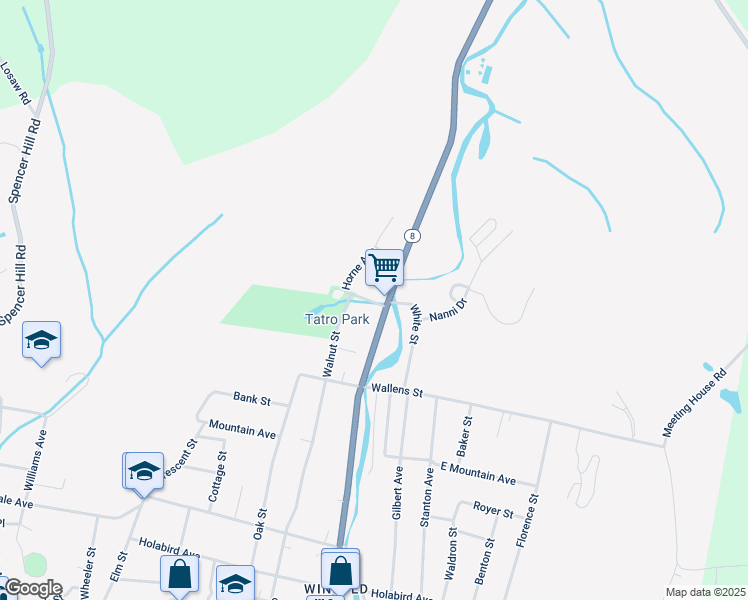 map of restaurants, bars, coffee shops, grocery stores, and more near 345 North Main Street in Winsted