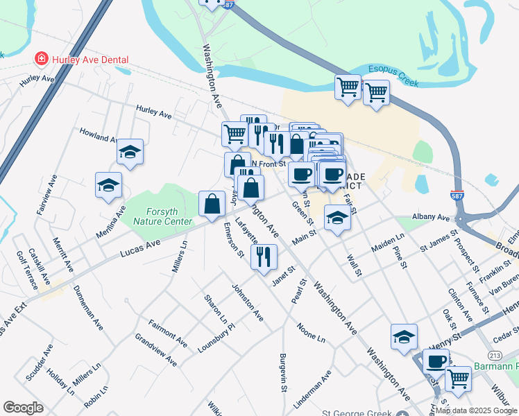map of restaurants, bars, coffee shops, grocery stores, and more near 308 Washington Avenue in Kingston
