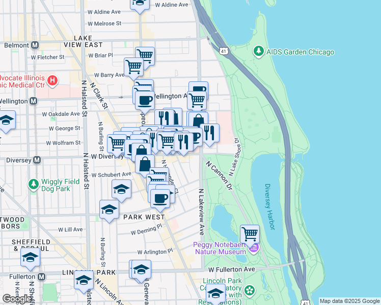 map of restaurants, bars, coffee shops, grocery stores, and more near 427 West Diversey Parkway in Chicago