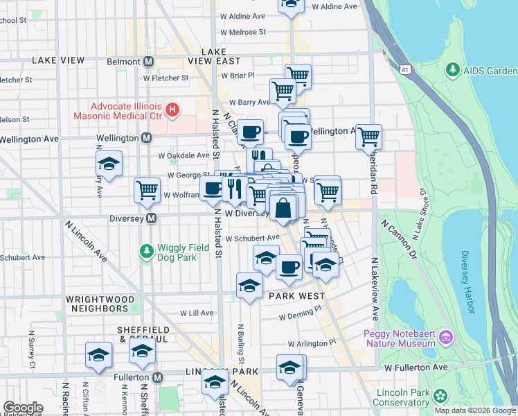 map of restaurants, bars, coffee shops, grocery stores, and more near 671 West Diversey Parkway in Chicago