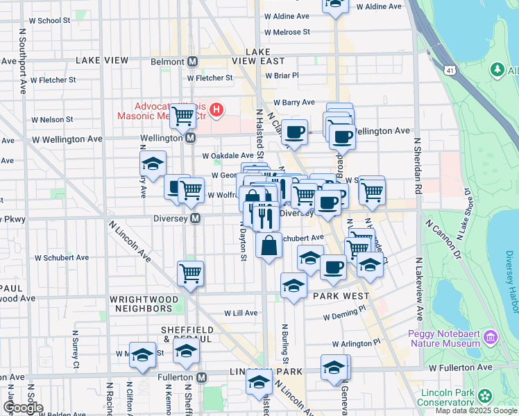 map of restaurants, bars, coffee shops, grocery stores, and more near in Chicago
