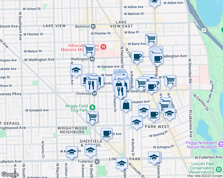 map of restaurants, bars, coffee shops, grocery stores, and more near 851 West Diversey Parkway in Chicago
