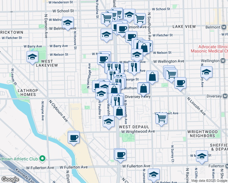 map of restaurants, bars, coffee shops, grocery stores, and more near 1614 West Diversey Parkway in Chicago