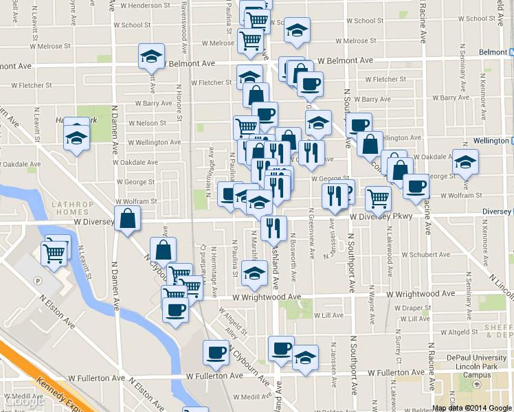 map of restaurants, bars, coffee shops, grocery stores, and more near in Chicago