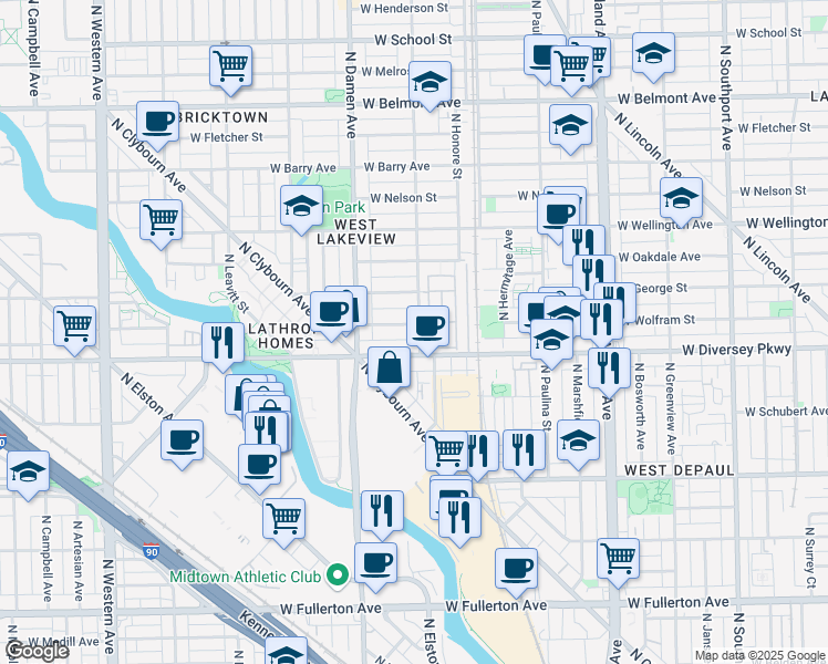 map of restaurants, bars, coffee shops, grocery stores, and more near 1930 West Diversey Parkway in Chicago