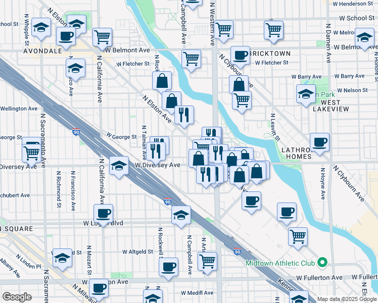 map of restaurants, bars, coffee shops, grocery stores, and more near 2450 West Diversey Avenue in Chicago