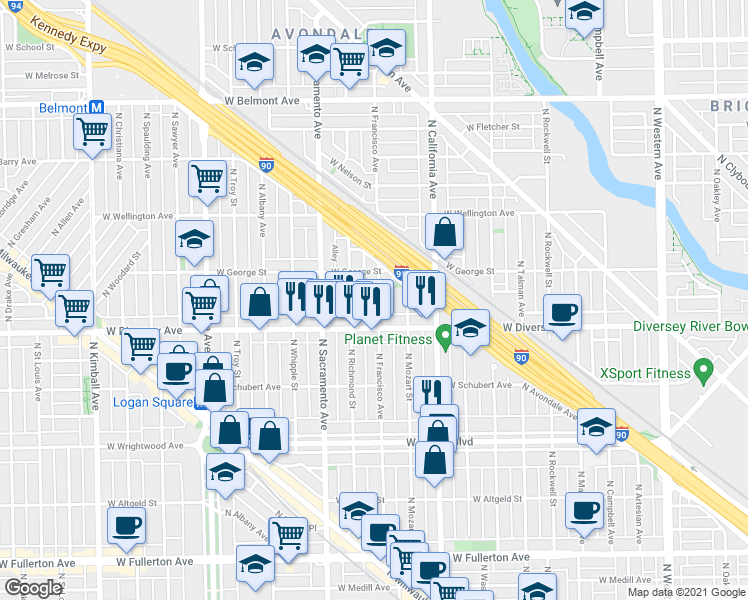 map of restaurants, bars, coffee shops, grocery stores, and more near 2814 North Francisco Avenue in Chicago