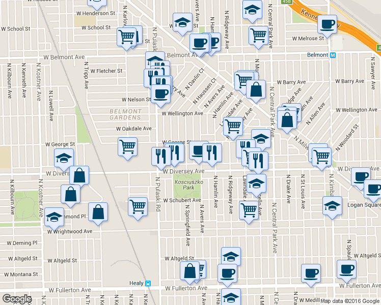 map of restaurants, bars, coffee shops, grocery stores, and more near 2819 North Springfield Avenue in Chicago