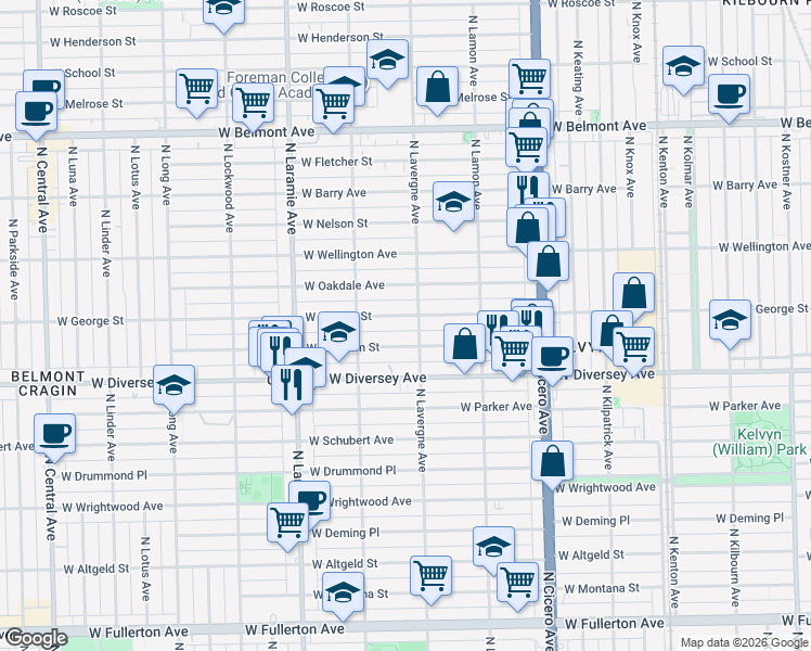 map of restaurants, bars, coffee shops, grocery stores, and more near 5000 West Wolfram Street in Chicago