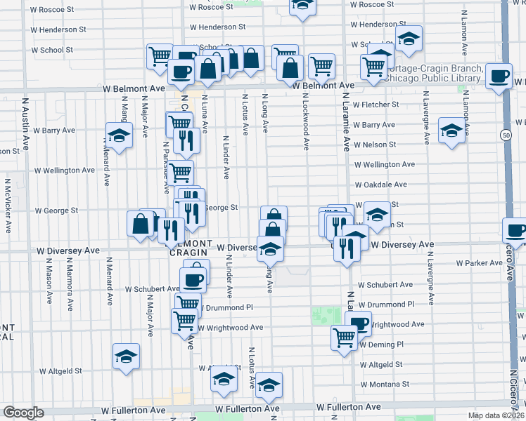 map of restaurants, bars, coffee shops, grocery stores, and more near 2843 North Lotus Avenue in Chicago